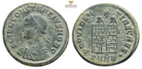 Constantinus II. AD 316-337. Treveri
Follis Æ
FL IVL CONSTANTIVS NOB C, Laureate, draped and cuirassed bust left, / PROVIDENTIAE CAESS / STRE, Camp ga...