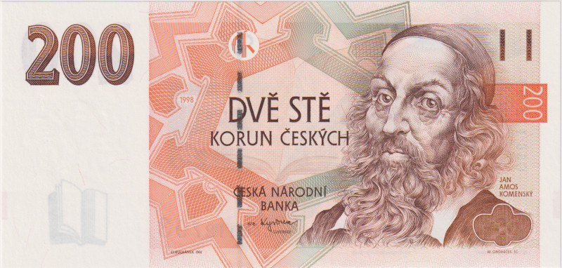 200 Koruna 1998, series G 56, ERROR - a window strip with microtext passes over ...