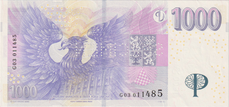 1000 Koruna 2008, series G 03, SPECIMEN - 1x perforation SPECIMEN, BKK CZ24, Hej...