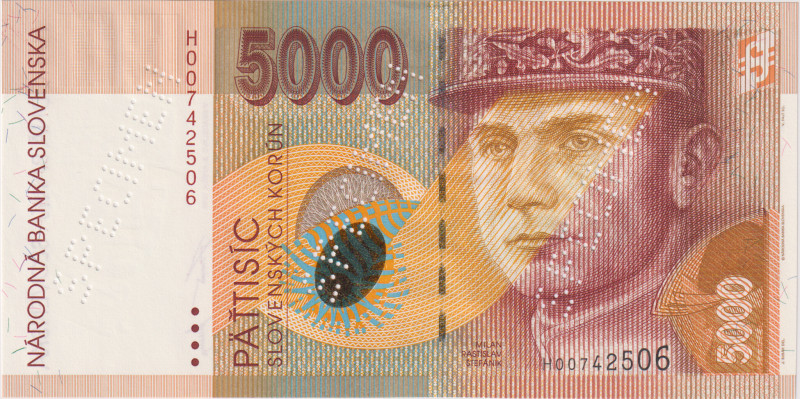 5000 Koruna 1995, series H, SPECIMEN - 3x SPECIMEN diagonally at an angle 60°, B...