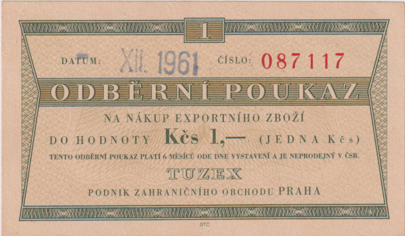 1 Koruna XII.1961, text "Neprodejný v ČSR", 6ti místný číslovač typ 1, bez průsv...