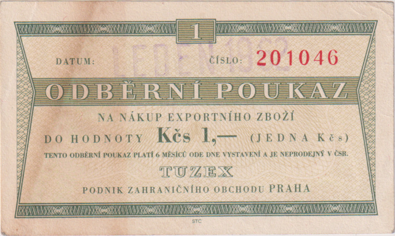 1 Koruna LEDEN 1962, text "Neprodejný v ČSR", 6ti místný číslovač typ 1, bez prů...