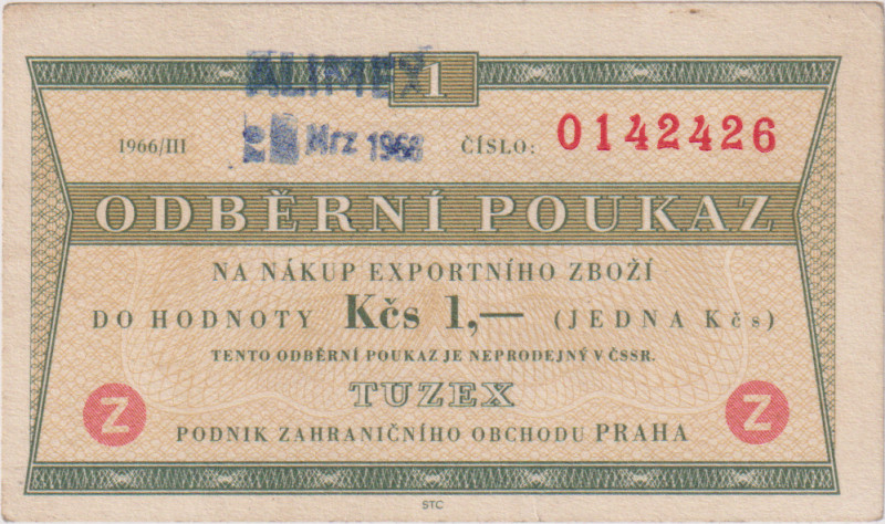 1 Koruna ??.Mrz 1968, razítko ALIMEX, písmeno Z - poukaz pro prodej v zahraničí,...