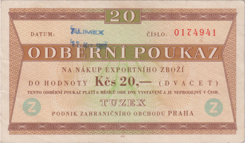 20 Koruna 17. Mrz 1967, razítko Alimex, písmeno Z - poukaz pro prodej v zahranič...