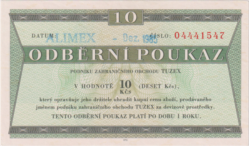 10 Koruna Dez.1985, ALIMEX - razítko zahraničního partnera, 8mi místný číslovač,...