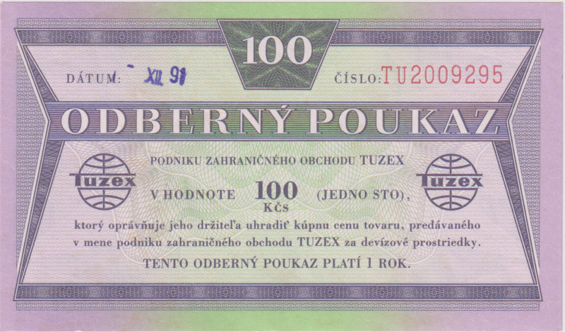 100 Koruna XII.91, tisk VEB Lipsko, 8mi místný číslovač, s průsvitkou, KŠK 69 IX...