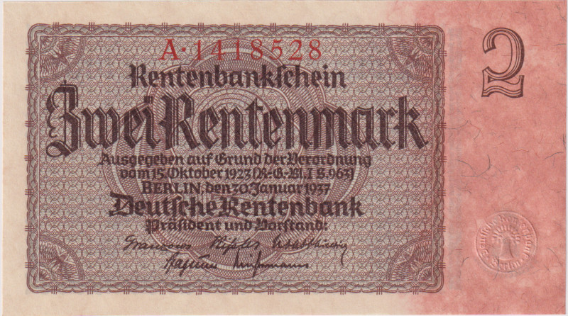 2 Rentenmark 1937, the first series A(!), 7 digit serial, BKK D12a, Hej D12a

...