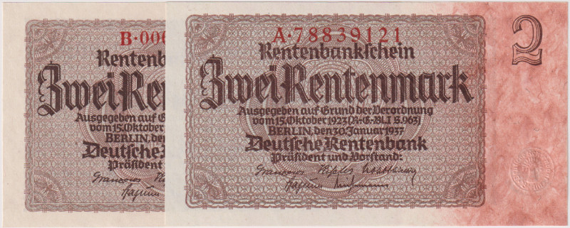 2 Rentenmark 1937, the first series A(!) a B, 8 digit serial, 2 pcs, BKK D12bc, ...