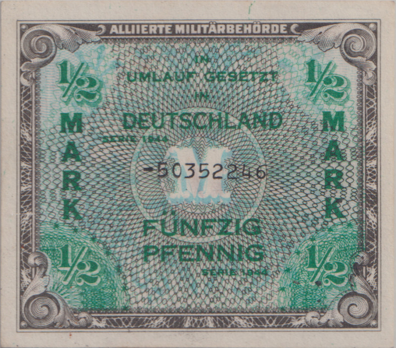 1/2 Marka 1944, printed by SSSR, 8 digit serial number, with dash, without "F", ...