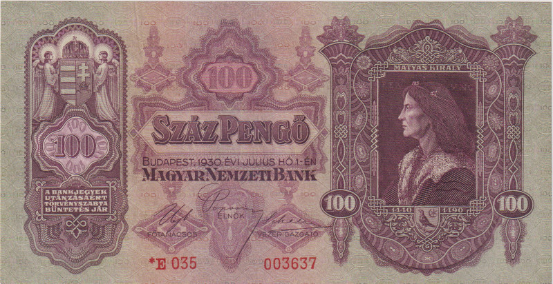 100 Pengö 1930, series *E 035, Szálasi emission, BKK H10b, Hej H10b

UNC