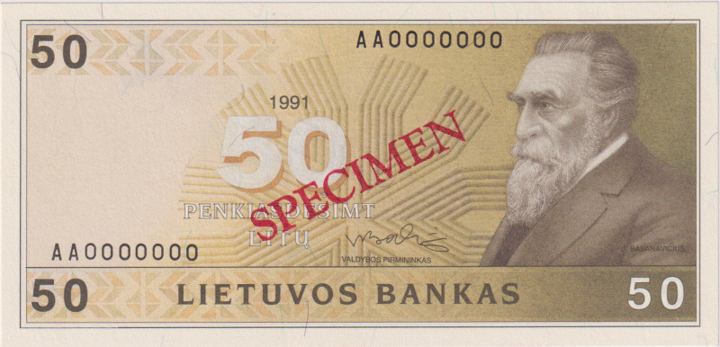 Lithuania, 50 Litu 1991, SPECIMEN - AA0000000, overprint SPECIMEN on both sides,...