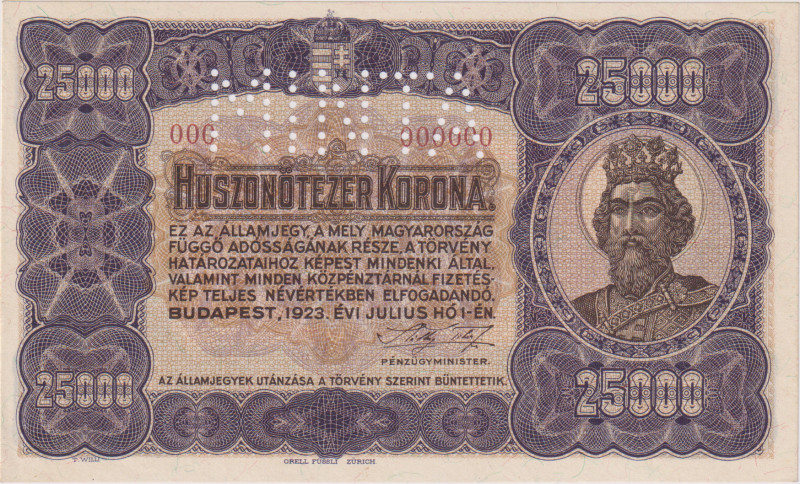 Hungary, 25.000 Koruna 1923, printed by OFZ, SPECIMEN with the MINTA perforation...