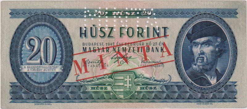 Hungary, 20 Forint 1947, series C000, SPECIMEN with MINTA perforation, Pick 162s...