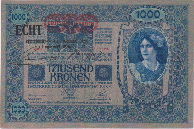 Austria, 1000 Koruna 1902, rose underprint, overprint ECHT Oesterreichisch-Ungar...