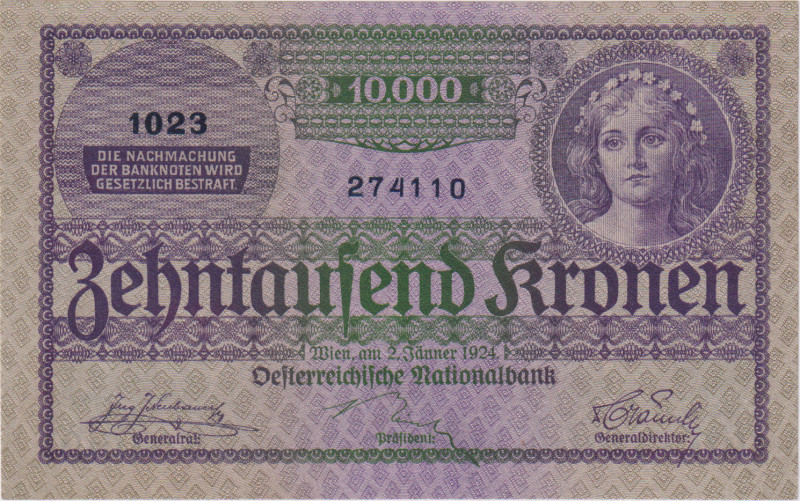 Austria, 10.000 Koruna 1924, last banknote with Krone denomination, Pick 85

U...