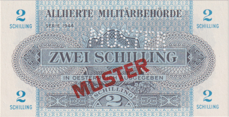 Austria, 2 Schilling 1944, Alliierte Militärbehörde, SPECIMEN - perforation and ...