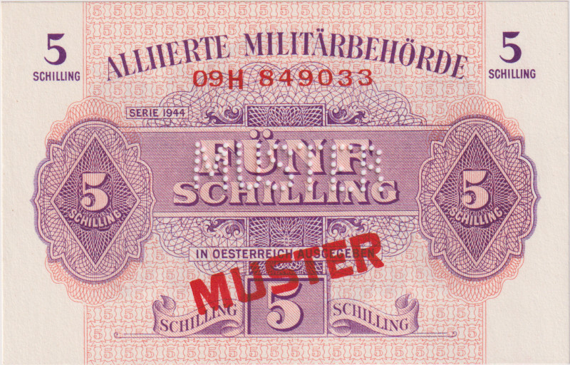 Austria, 5 Schilling 1944, Alliierte Militärbehörde, SPECIMEN - perforation and ...