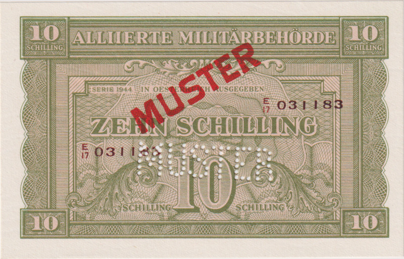 Austria, 10 Schilling 1944, Alliierte Militärbehörde, SPECIMEN - perforation and...