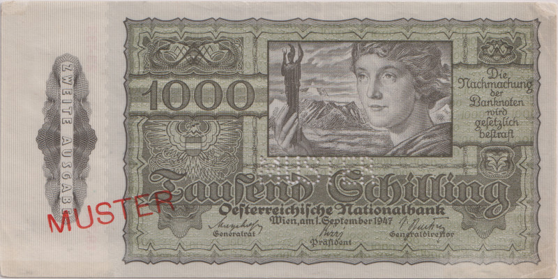 Austria, 1000 Schilling 1947, II.issue, SPECIMEN - perforation and overprint MUS...