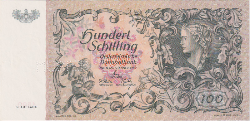 Austria, 100 Schilling 1949, II. issue, SPECIMEN - perforation MUSTER, Pick 132...