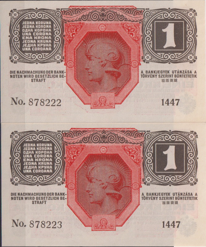 1 Koruna 1916, series 1447, sequence of two consecutive numbers 878222 and 87822...