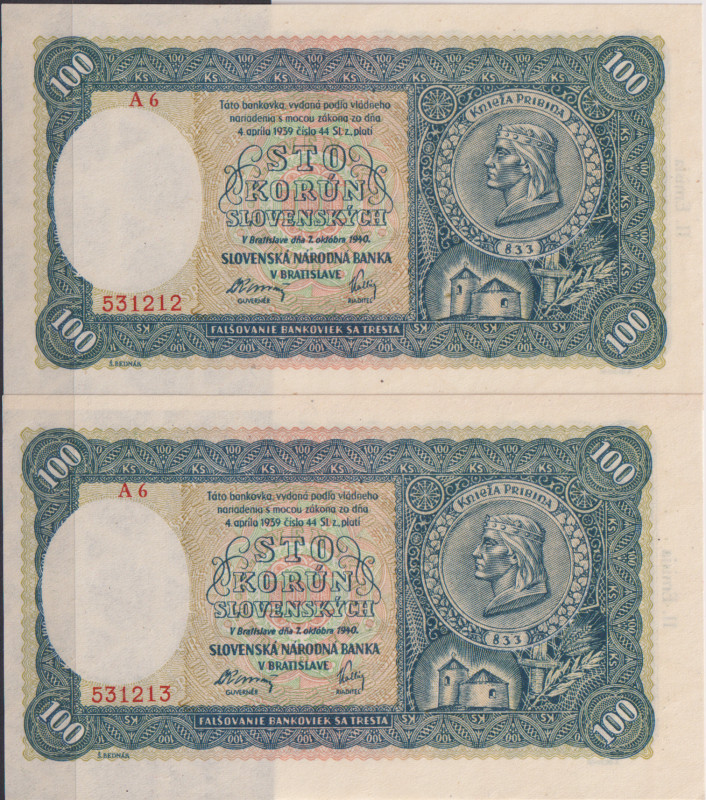 100 Koruna 1940, II.issue, series A 6, sequence of two consecutive numbers 53121...