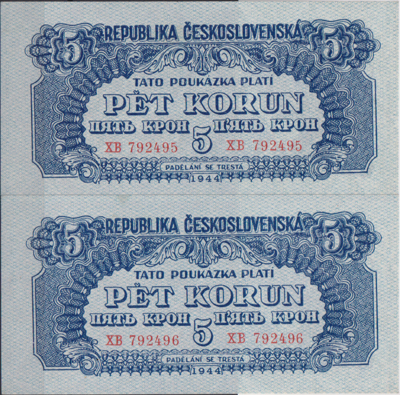 5 Koruna 1944, series XB, horizontal underprint, sequence of two consecutive num...