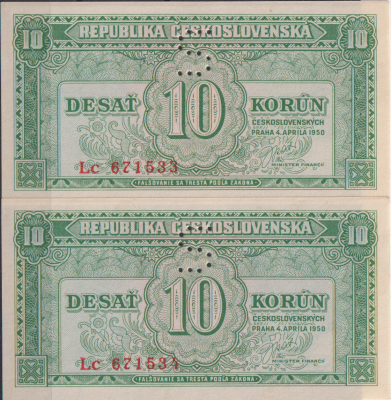 10 Koruna 1950, series Lc, sequence of two consecutive numbers 671533 and 671534...