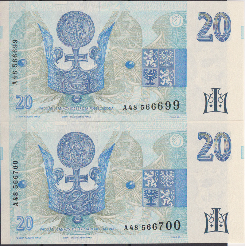 20 Koruna 1994, series A 48, sequence of two consecutive numbers 566699 and 5667...