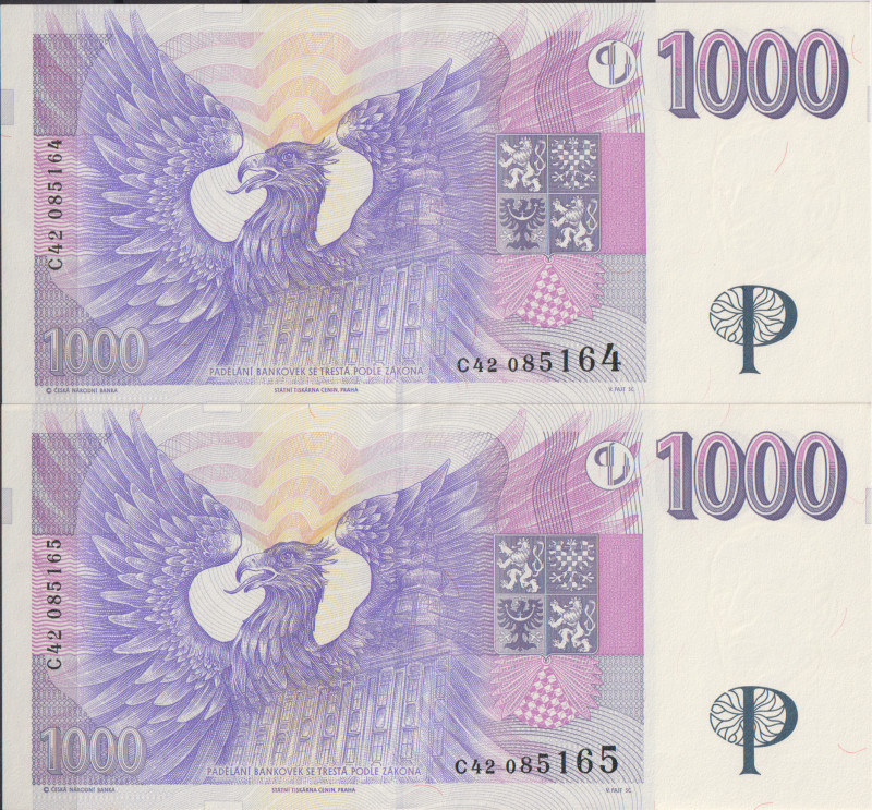 1000 Koruna 1996, series C 42, sequence of two consecutive numbers 085164 and 08...