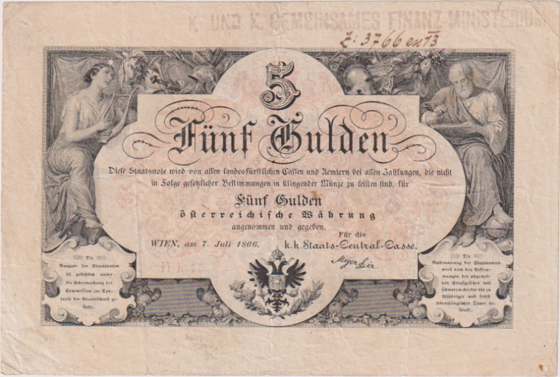 5 Gulden 1866, red series, stamp on obverse K. UND K GEMEINSAMES FINANZ-MINISTER...