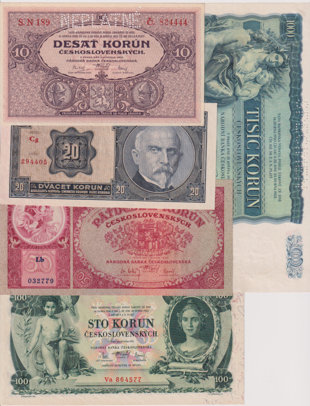 10 - 1000 Koruna, 1926 - 1934, all SPECIMEN or NEPLATNÉ, traces of gum, 5 pcs, B...