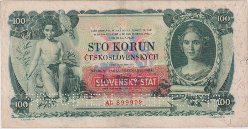 100 Koruna 1931, overprint 1939, series Ab, 2x perforation SPECIMEN down, BKK 43...