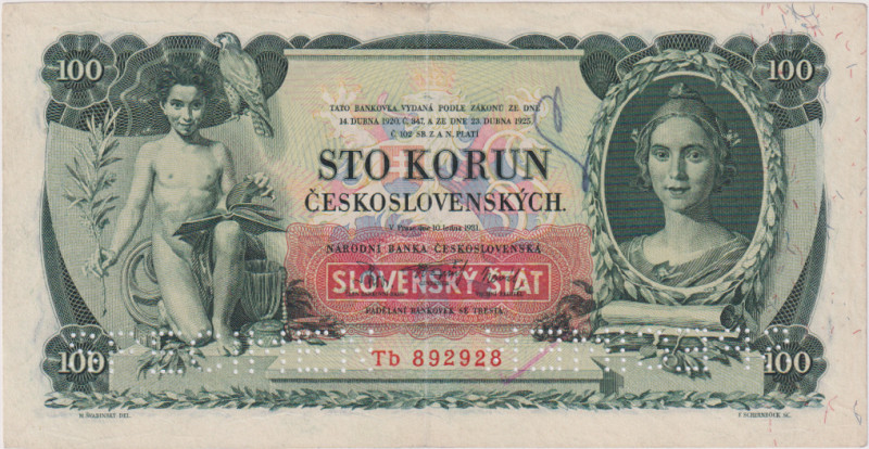 100 Koruna 1931, overprint 1939, series Tb, 2x perforation SPECIMEN down, graffi...