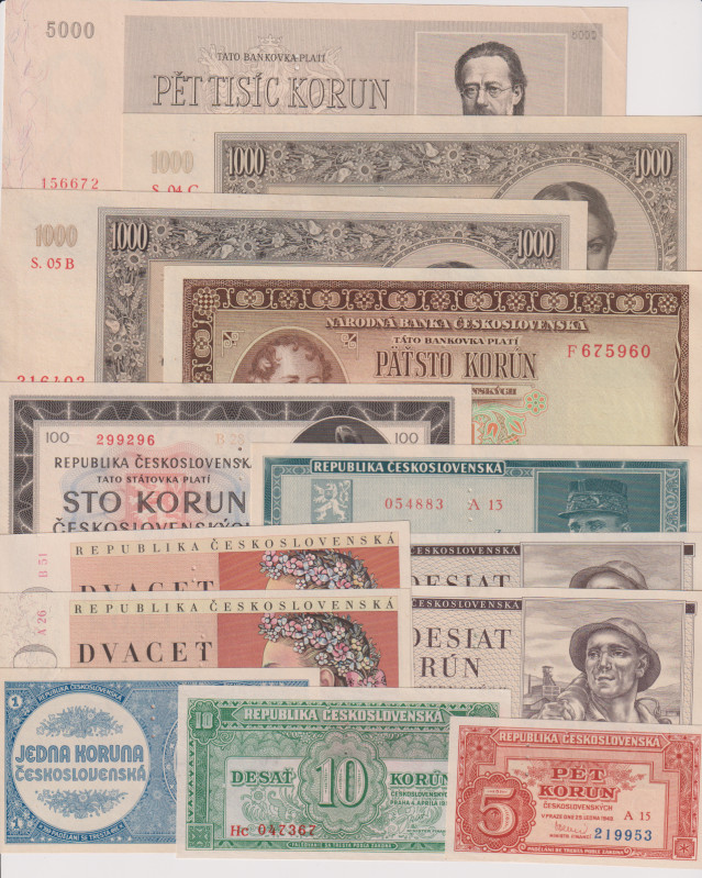 1 - 5000 Koruna, 1945 - 1950, all perforated 3md, 13 pcs, BKK 77 - 85, N8; Hej 7...