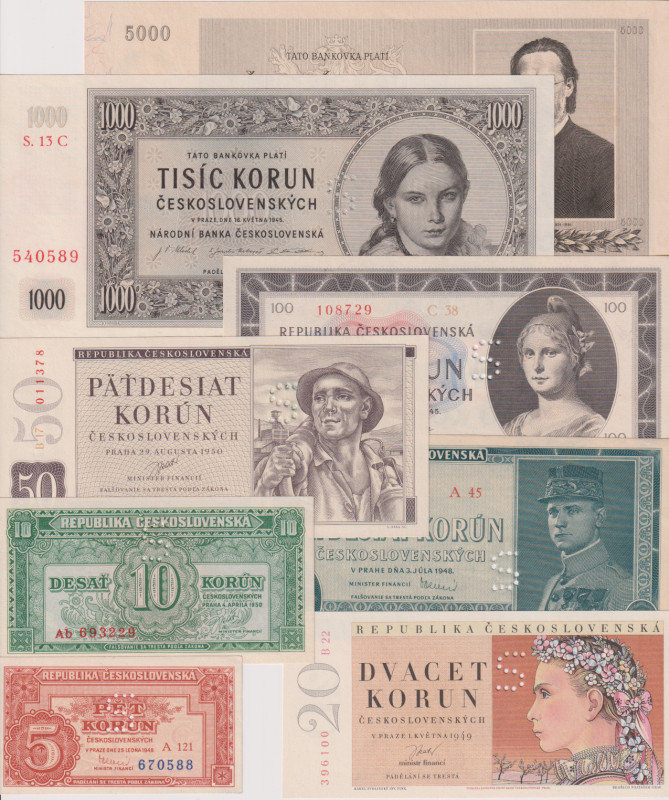 5 - 5000 Koruna, b.d.(1945) - 1950, all perforted "S", 8 pcs, BKK 70 - 85, Hej 7...