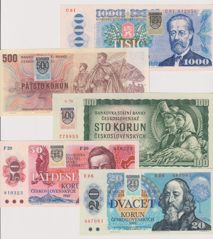 20 - 1000 Koruna 1973 - 1988, stamp 1993, complete set of stamped banknotes of t...