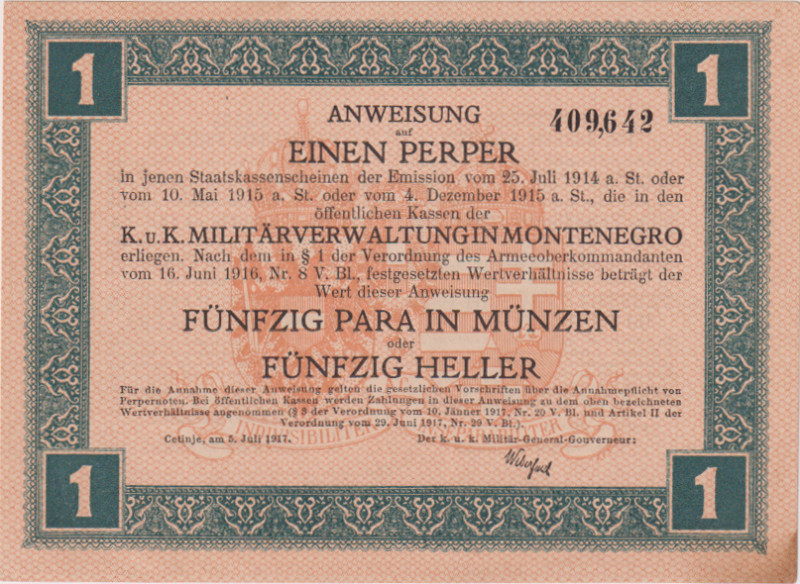 Monte Negro, 1 Perper 1917, brownish edge, Pick M148

aUNC