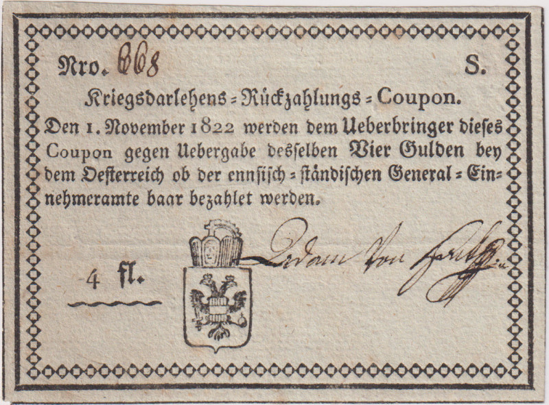 4 Gulden 1822, War loan repayment coupons 1805 - 1829, Upper Austria, Richter W2...