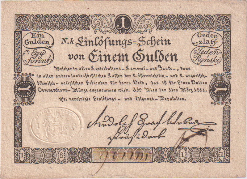 1 Gulden 1811, Einlösungsschein, Pick A44

XF