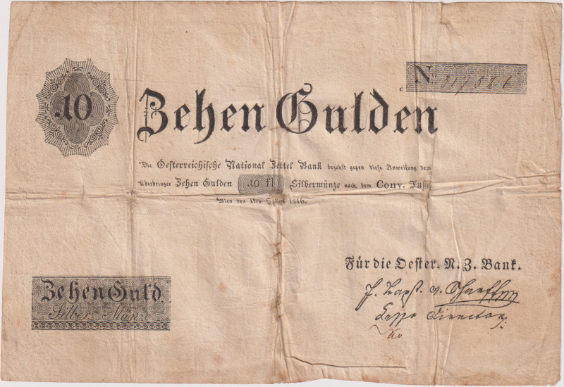 10 Gulden 1816, 1st issue Privileged National Bank, a very rare and almost unava...