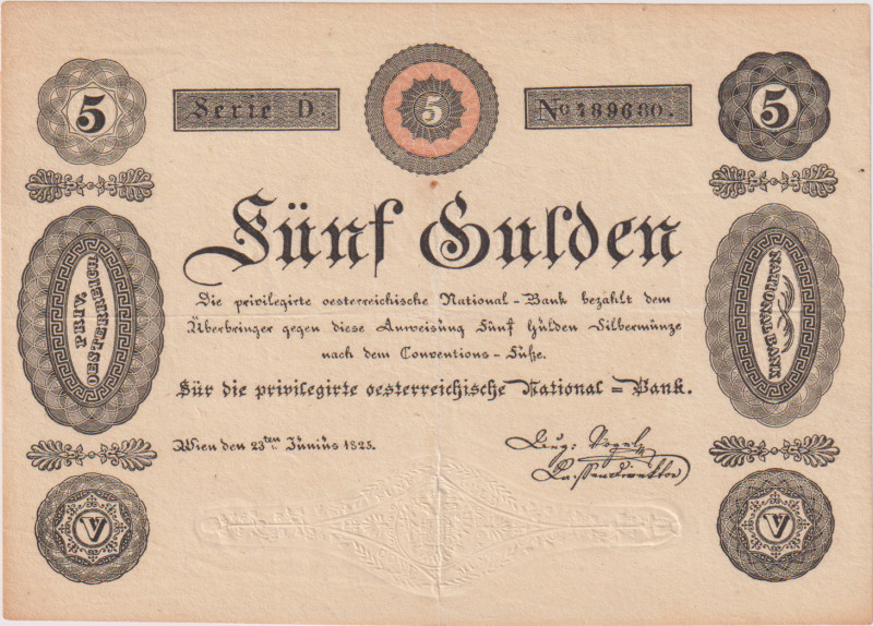 5 Gulden 1825, 2nd issue Privileged National Bank, beautiful condition, fresh dr...