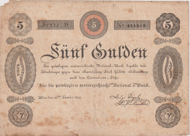 5 Gulden 1825, 2nd issue Privileged National Bank, missing upper left corner, sm...