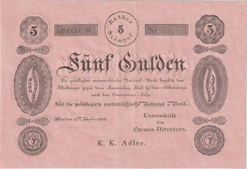 5 Gulden 1825, 2nd issue Privileged National Bank, Formulare, Pick A61b

XF