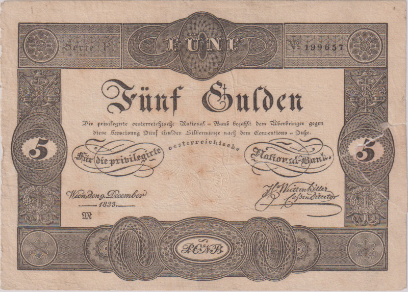 5 Gulden 1833, 3rd issue Privileged National Bank, torn in "5" value on the righ...