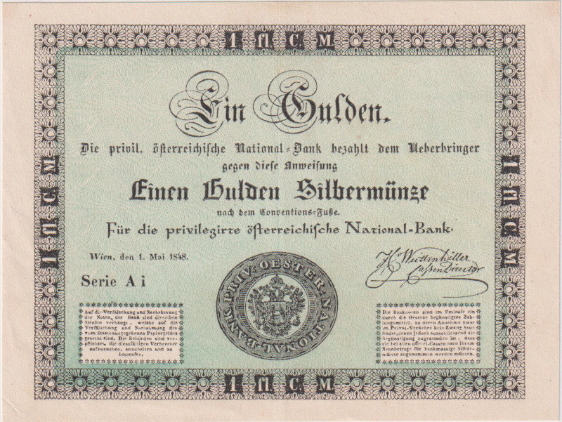 1 Gulden 1848, May date, 6th issue Privileged National Bank, beautiful condition...