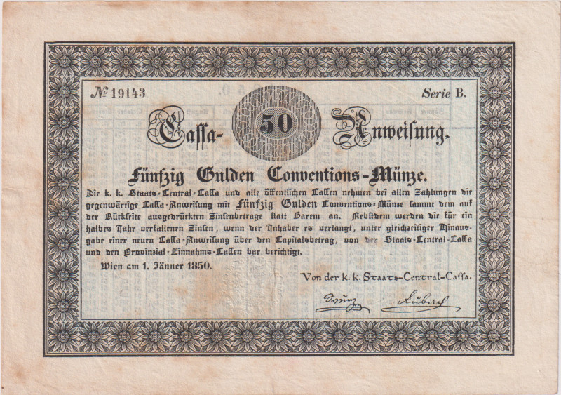 50 Gulden 1850, Cassa-Anweisung 5th issue (3% on 12 months), extremely rare and ...