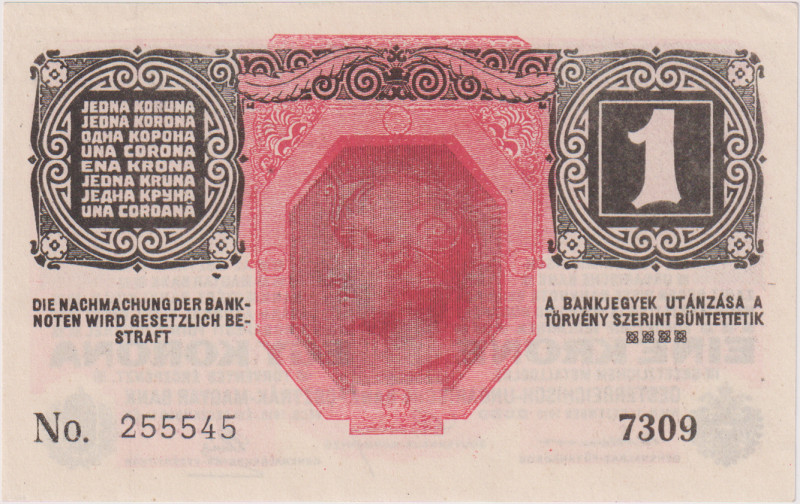 1 Koruna 1916, series 7309, MRR issue, BKK RU1, Pick 10, Hej RU15MRRa

XF