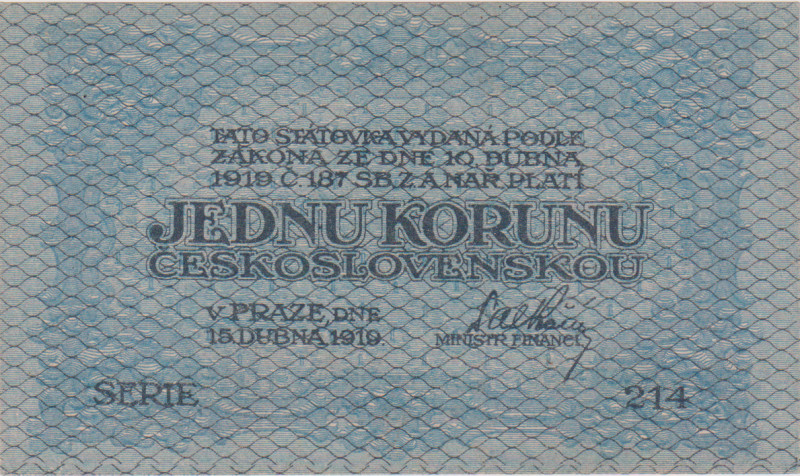 1 Koruna 1919, series 214, blue-green, ERROR non-continuous rastering in the low...