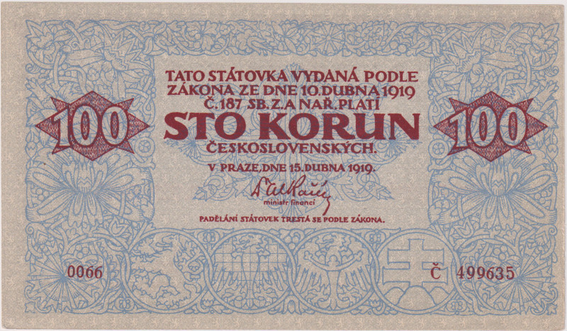 100 Koruna 1919, series 0066, contemporary forgery type 7 - Meszáros, BKK 12, He...